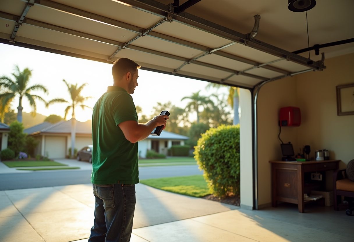 Technician adjusting a belt-drive garage opener — Oxley